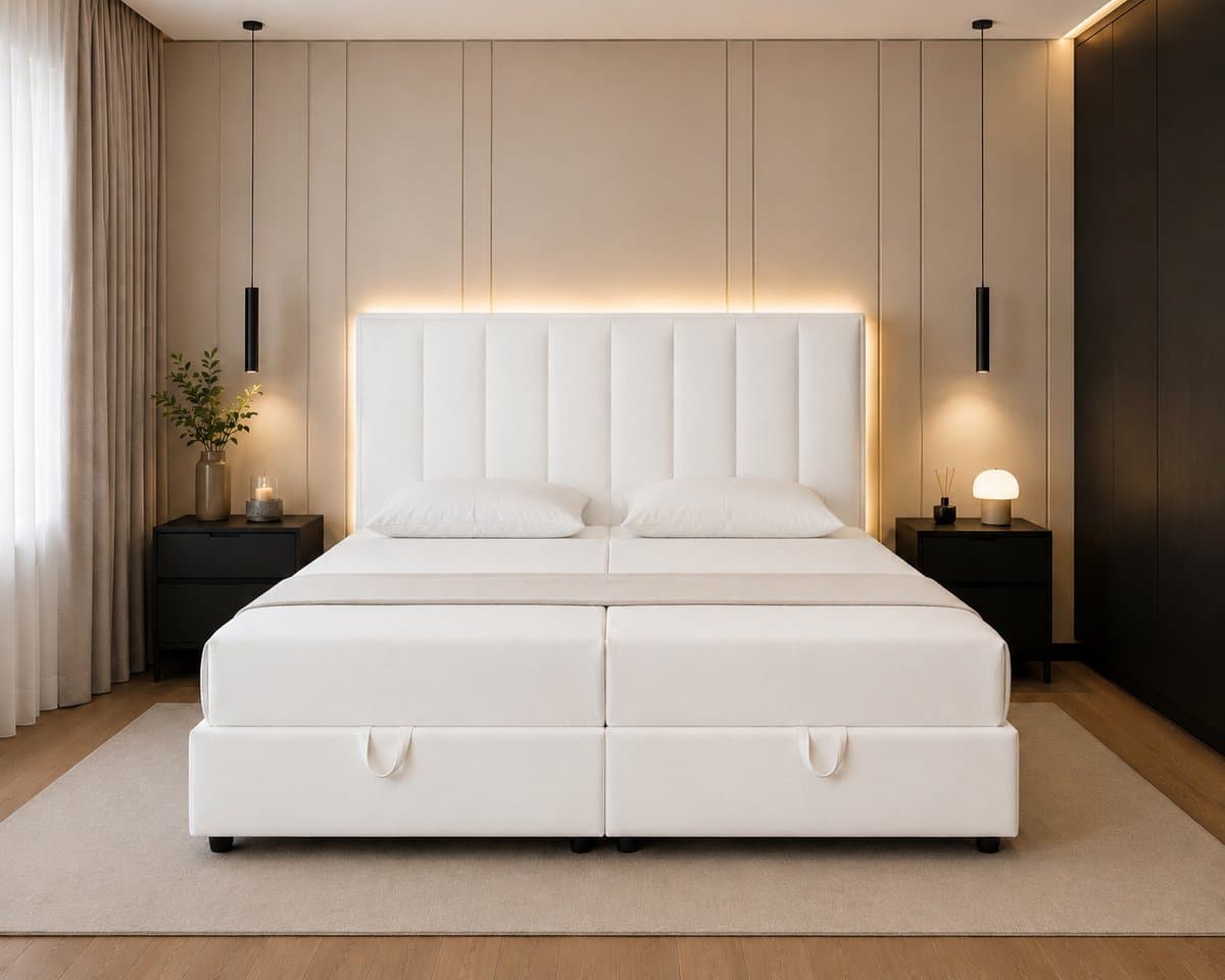 Luxe Boxspring 180x200 cm met Opbergruimte en Matras – Wit – Tweepersoonsbed met Hoofdbord thumbnail 2