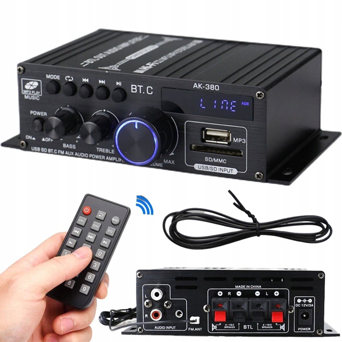 Mini Versterker - HiFi Stereo - Bluetooth - 60W - 2 Kanalen - FM Radio - met Bass- en Treble-regelaar - USB/SD - Afstandsbediening - voor Thuis en Auto - Compact