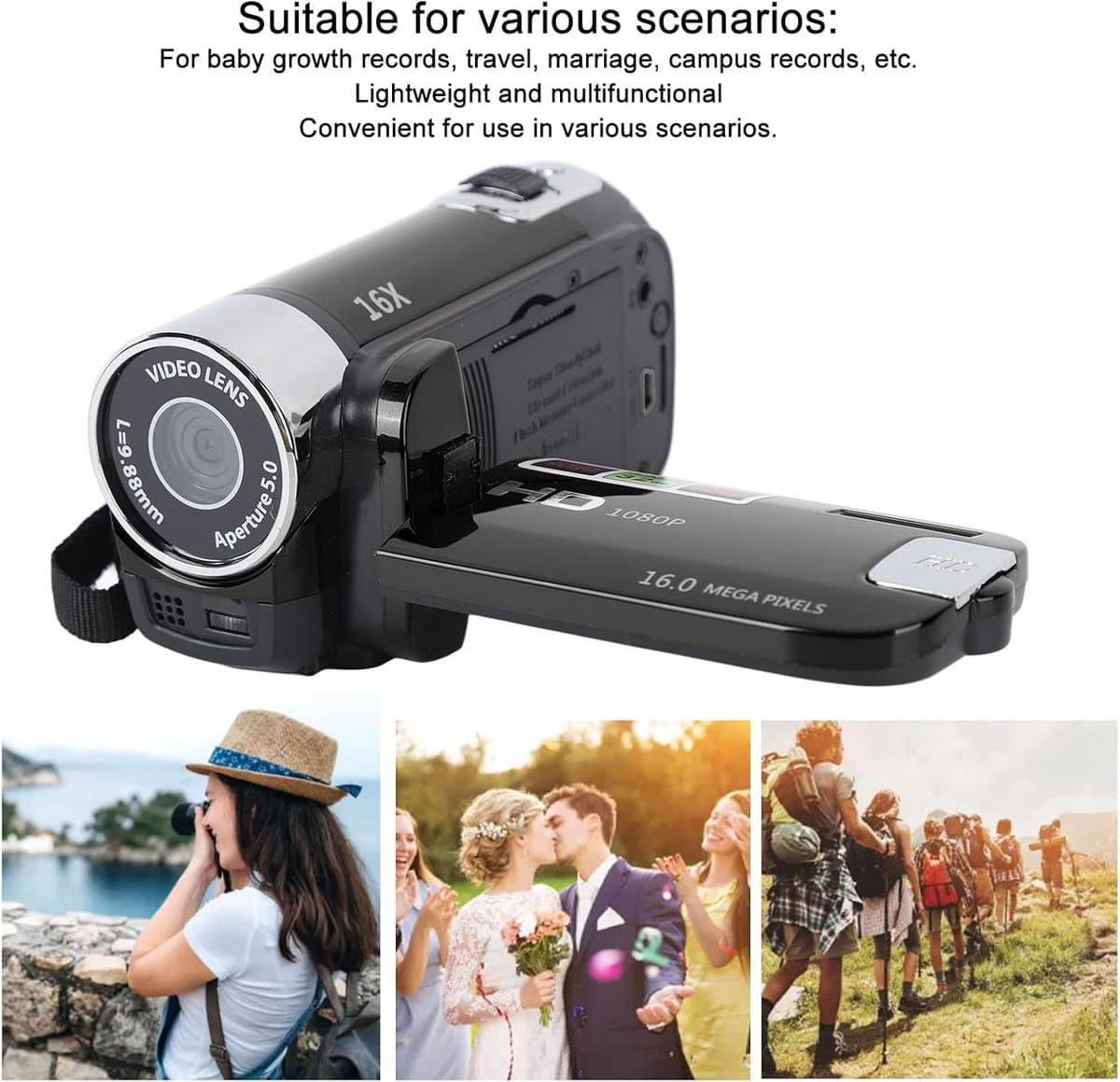 SnelShoppen - Video Camera met 2.7 Inch TFT Rotatable Screen, 16MP, 16x Digital Zoom, Vlogging Recorder met USB Kabel, Ideaal voor Reizen, Bruiloften, thumbnail 2