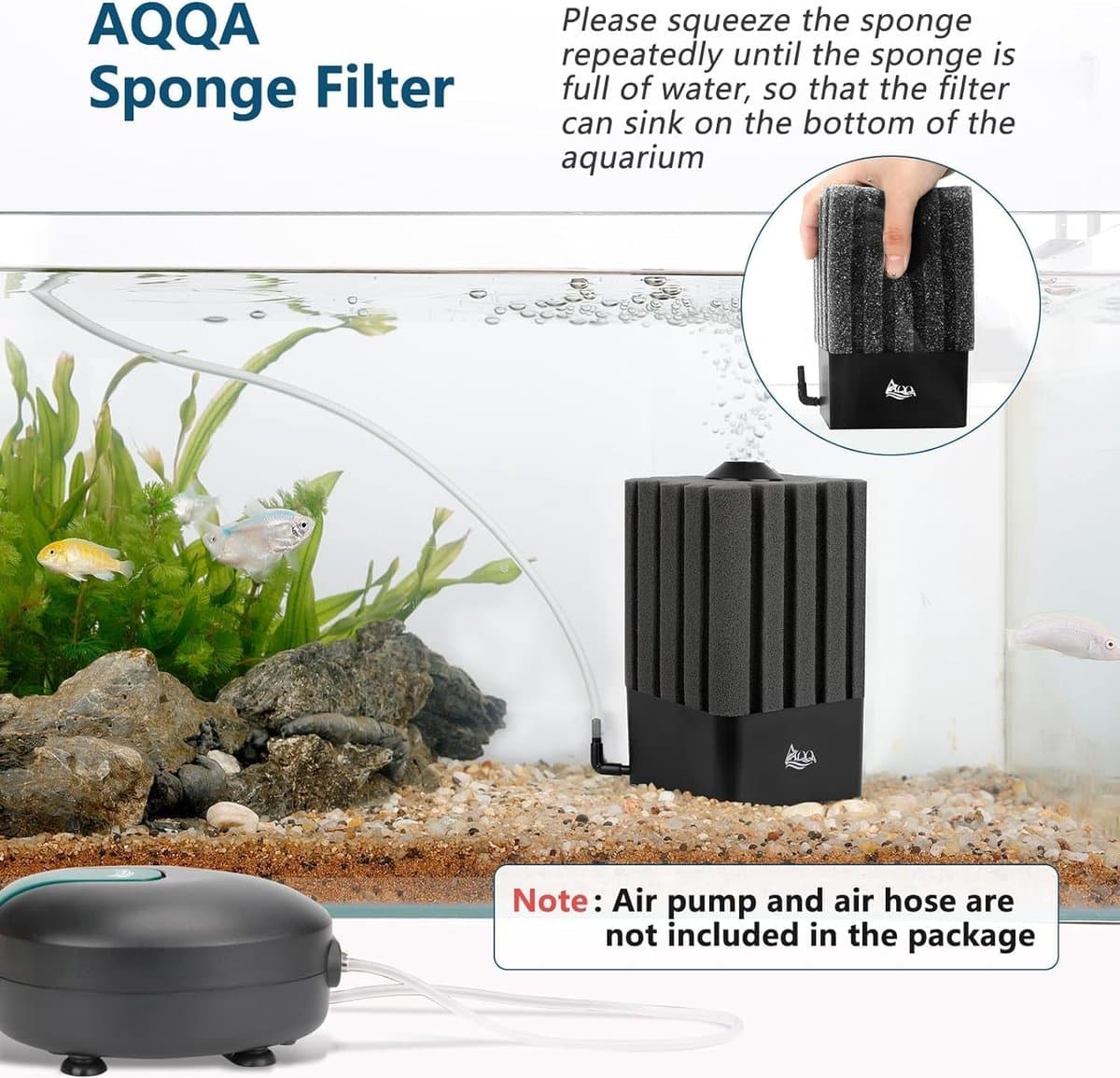 SnelShoppen - Aquarium sponsfilter, stille binnenfilter voor biologisch en mechanisch filteren, luchtlift filter met filtermateriaal voor 4 mm luchtbu thumbnail 7