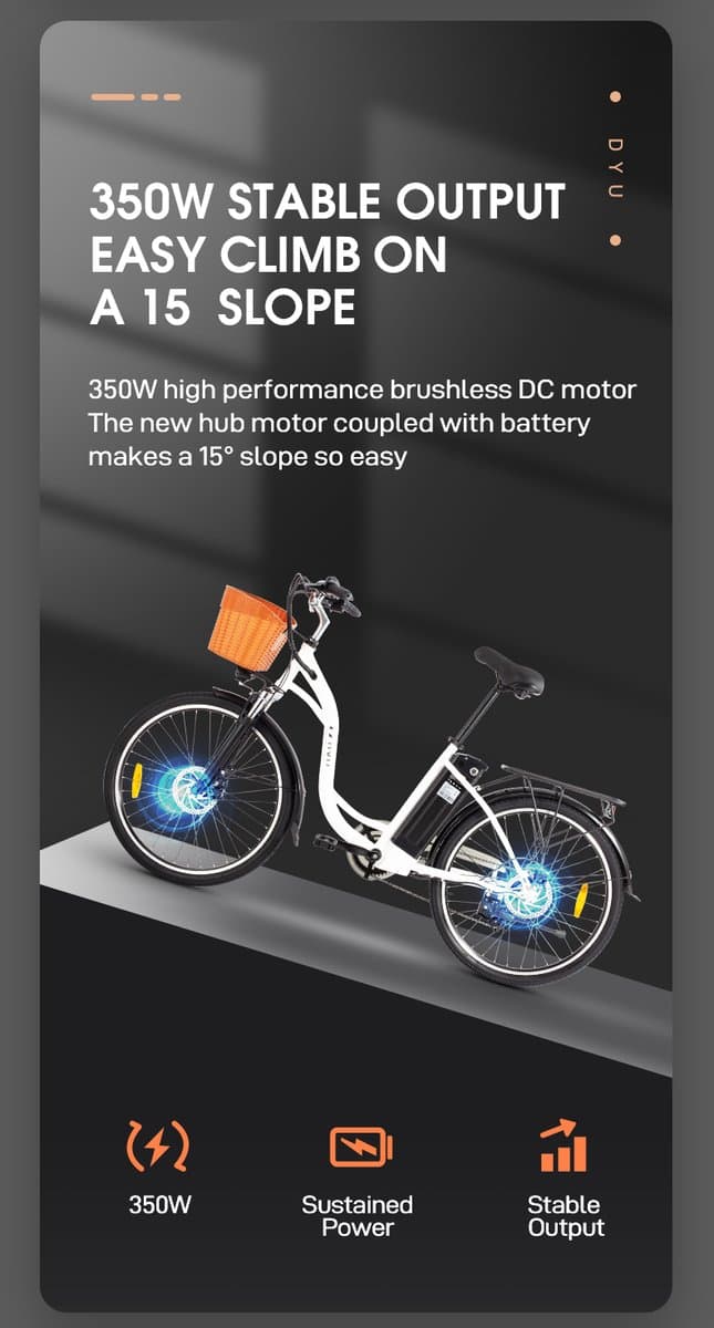 DYU C6 E-Bike - 26 inch - 43km actieradius - 250W motor - 36V 12,5Ah accu - Dubbele schijfremmen - Maximaal laadvermogen 120 kg - zwart thumbnail 7