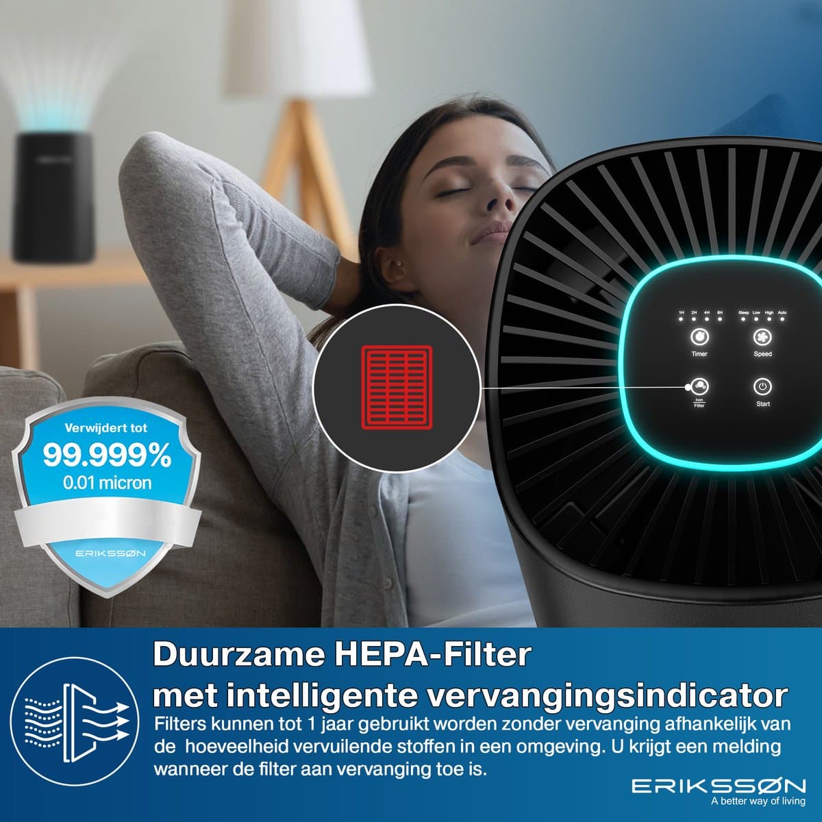 Erikssøn Luchtreiniger Air Purifier Elite - 2x HEPA-14 Filter - Zwart - 240 m3/u - Vermindert Stof En Pollen - Met Hepa Filter - Met Ionisator thumbnail 7