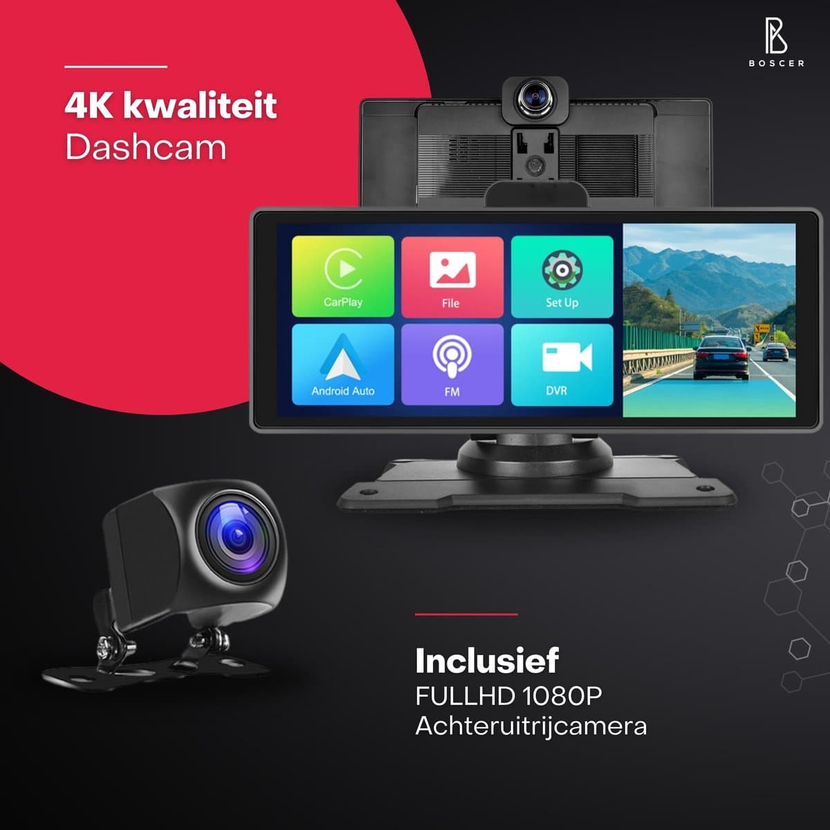 Boscer Smart FULL HD 4K Dashcam - 10.26 Inch Touchscreen - Apple Carplay & Android Auto (Draadloos) - FM Transmitter - Touchscreen - Bluetooth, SD, USB, Aux - Autoradio - AHD Achteruitrijcamera thumbnail 6