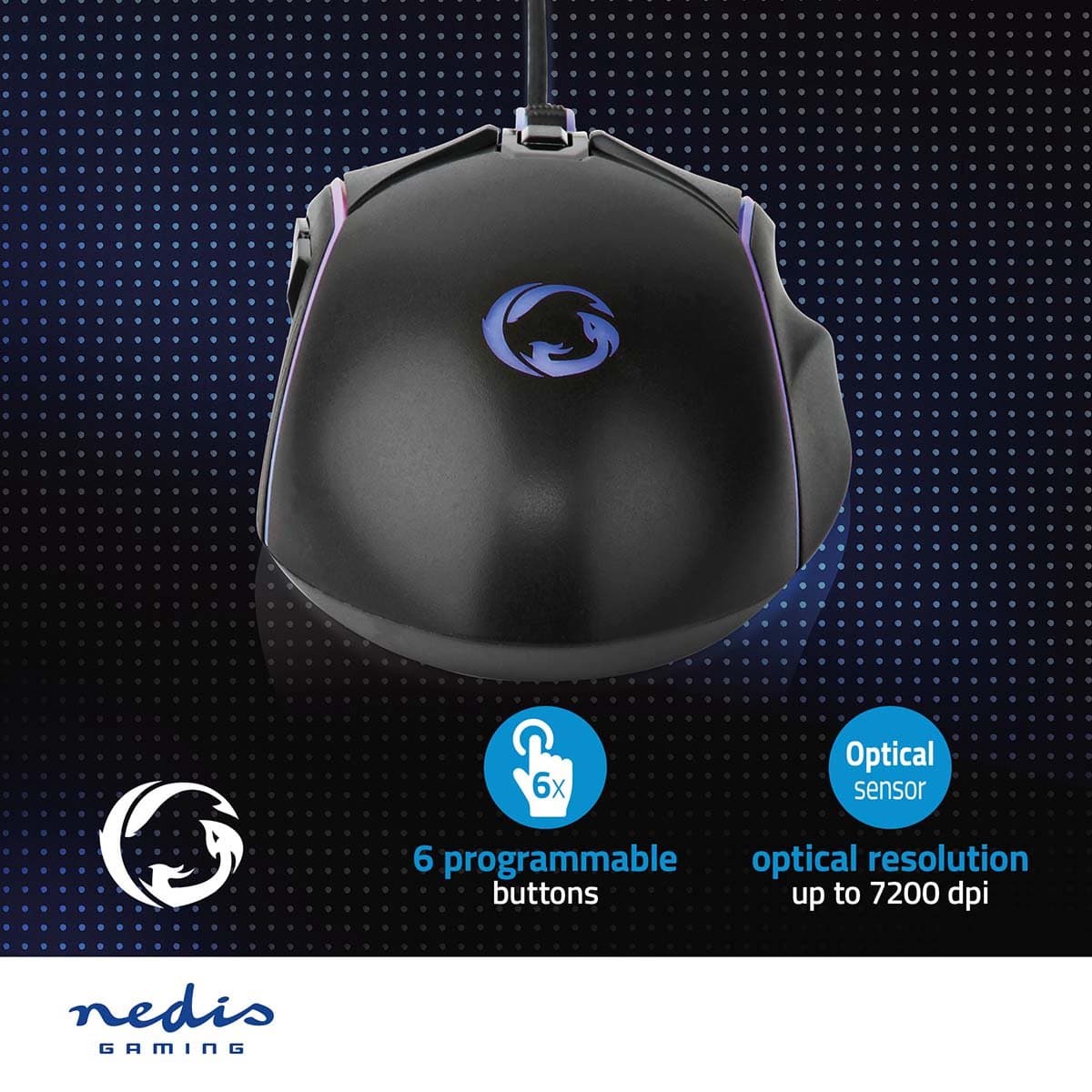 Nedis Gaming Muis - Bedraad - 800 / 1200 / 2400 / 3200 / 4800 / 7200 dpi - Instelbare DPI - Aantal knoppen: 6 - Rechtshandig - 1.50 m - LED thumbnail 8