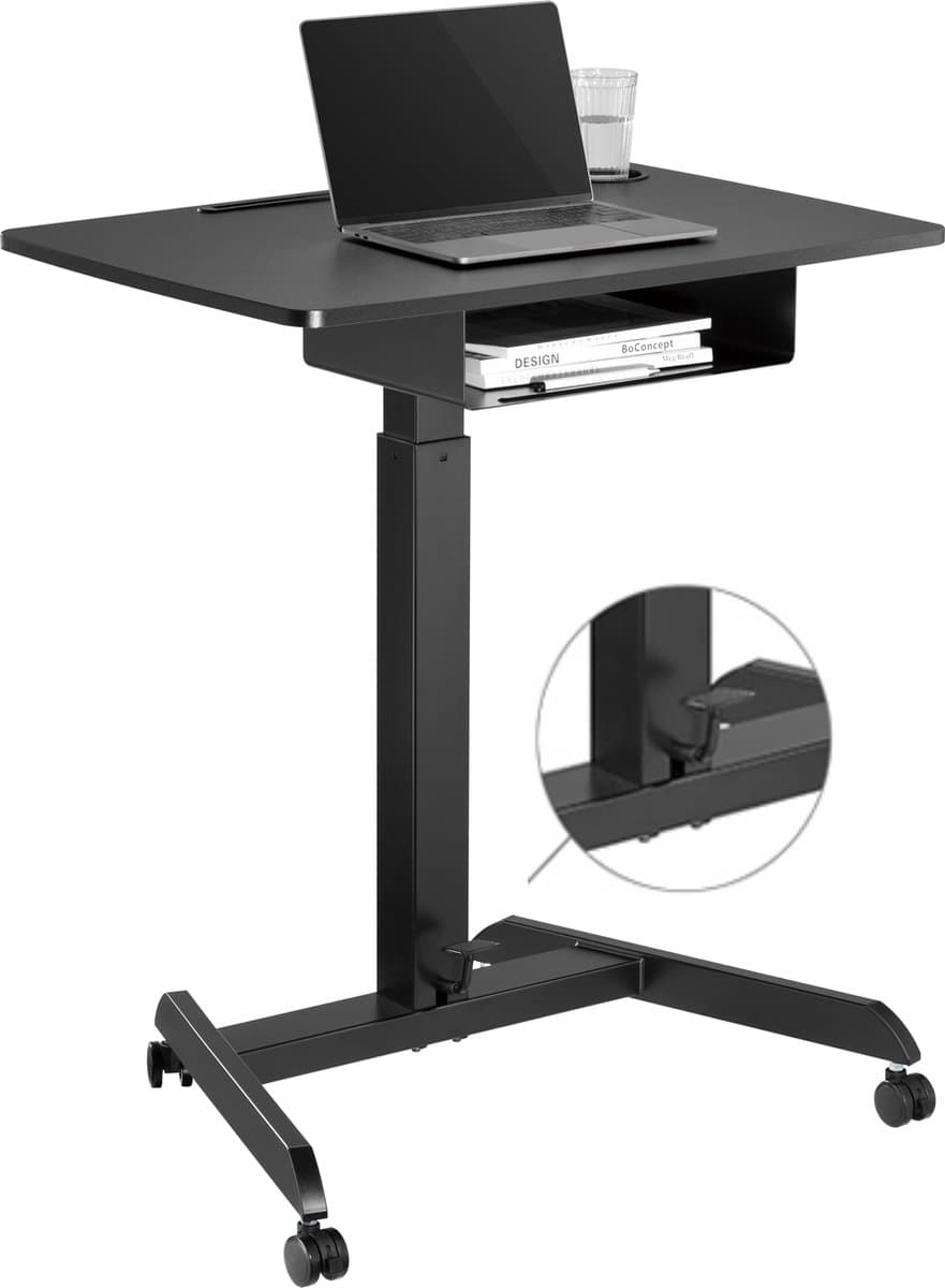 VDD Gaming - Katheder - Lessenaar - Bureau - Laptop Tafel - Zit Sta Bureau - Verrijdbaar - Workstation - Laptop Standaard - Laptoptafel - Bijzet Tafel op Wielen - Zwart - In hoogte verstelbaar - Maximale hoogte 113 cm - Bureaublad - 80 x 58 cm