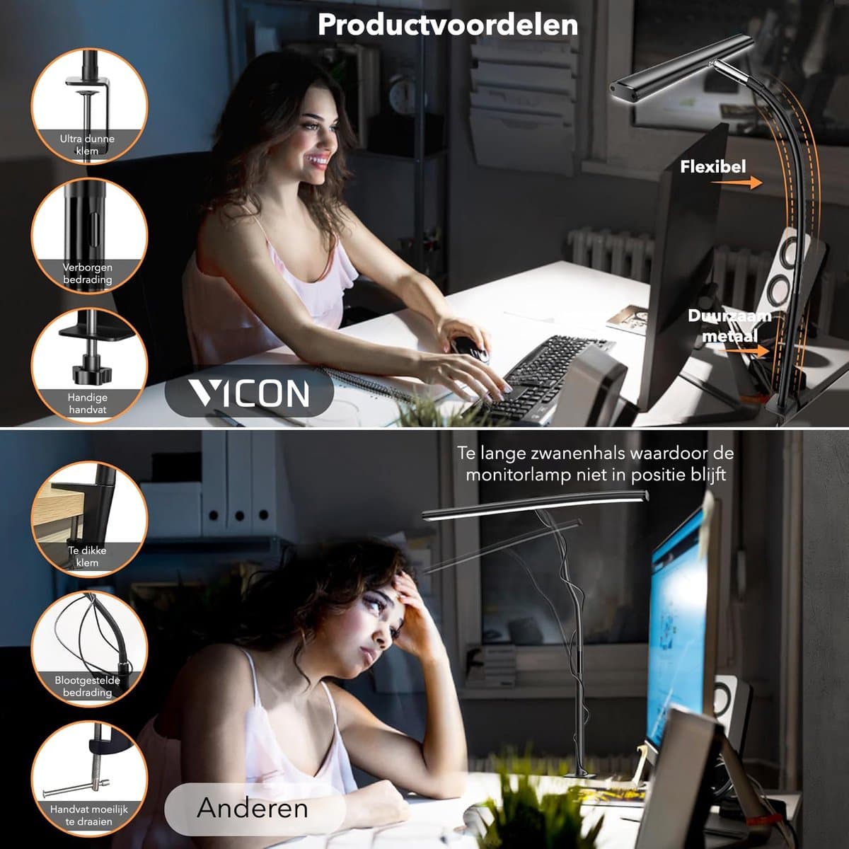 Vicon Bureaulamp LED Dimbaar - 3 Kleuren licht - Met Klem - Monitor lamp - Klemlamp - Leeslamp - Tafellamp - Bedlamp - Hobbylamp thumbnail 3