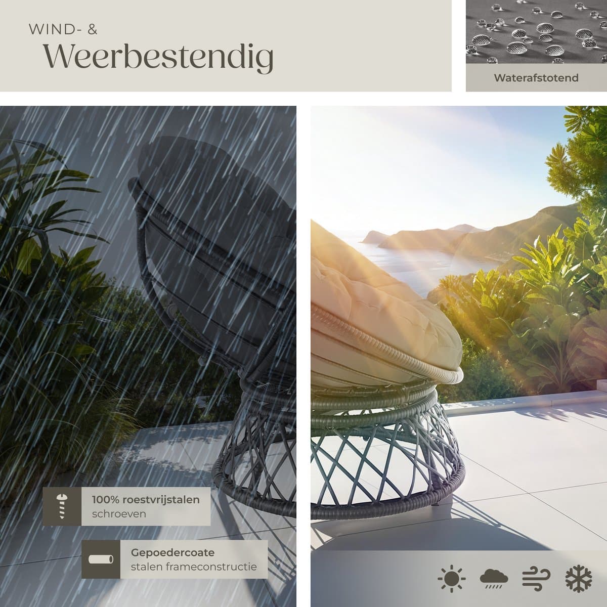 tectake® Papasan Stoel - Gezellige Draaistoel met Ronde Kussens - Comfortabele Rotan Stoel - Draaibare Loungestoel - Ronde Relax Rotan Rieten Stoel voor Woonkamer, Leeshoek, Lounge - Zwart thumbnail 5
