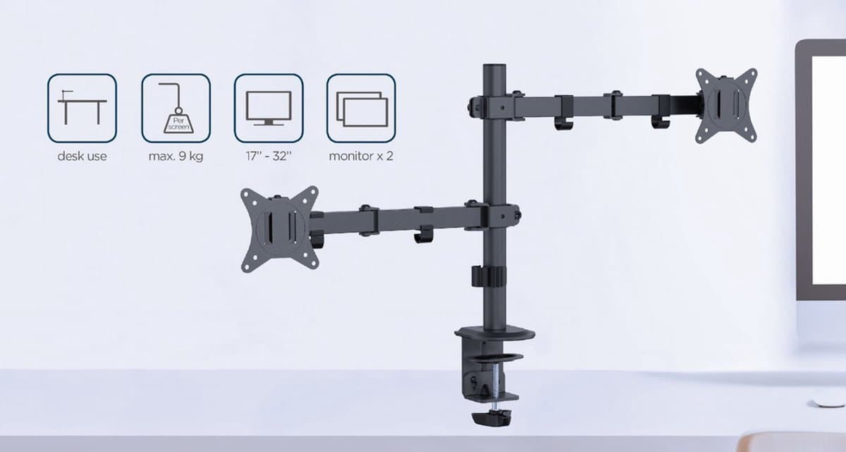 Gembird Bureau Monitorarm voor Dubbele Monitoren, 17–32 Inch, Tot 9 kg per Monitor, Rotatie, Kanteling & Zwenking, VESA-compatibel, Ingebouwd Kabelbeheer, Zwart thumbnail 3