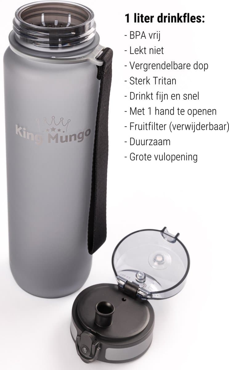 King Mungo Drinkfles 1 Liter Mat Grijs - Waterfles & Sport Bidon Volwassenen - 100% Lekvrij & BPA-vrij Tritan - Vaatwasserbestendig Zonder Rietje - Drinkbus 1000ml Cadeau thumbnail 3
