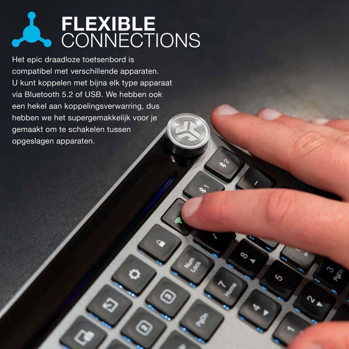 JLab Epic Draadloos Toetsenbord - Bluetooth en/of USB dongle verbinding - 3 Apparaten - Stille toetsaanslag - Verlicht toetsenbord - Qwerty thumbnail 8