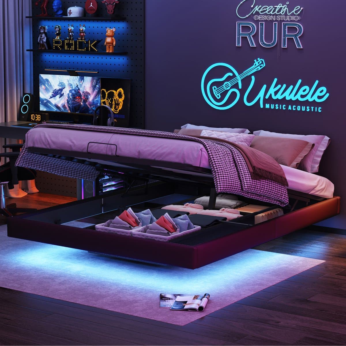 Zwart Hydraulisch Opbergbed 160x200 cm – Tweepersoonsbed met LED Sfeerverlichting & Ruime Opberglades thumbnail 4