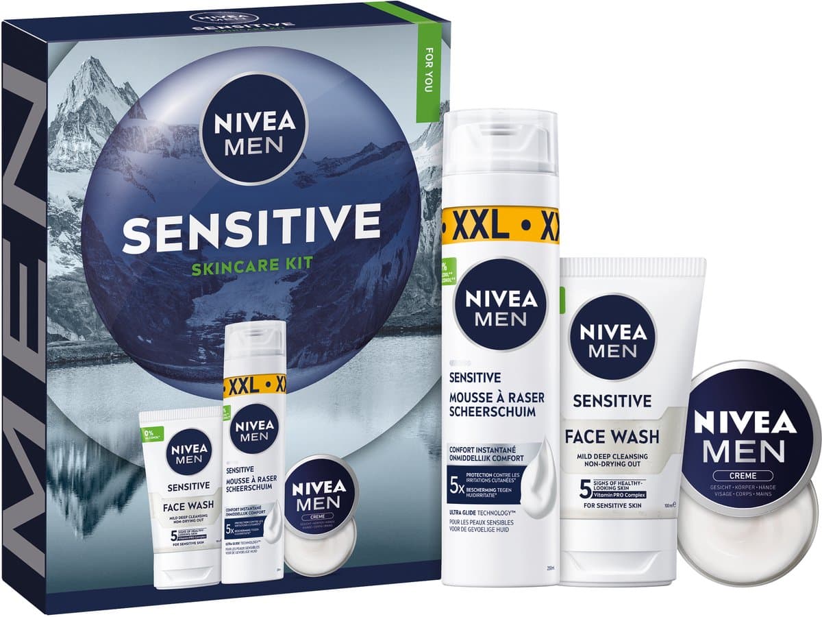 NIVEA MEN Sensitive Skincare Kit Geschenkset Mannen - Cadeauset Mannen met Scheershuim, Gezichtsreiniger & Crème - Verjaardag cadeau - afbeelding 1