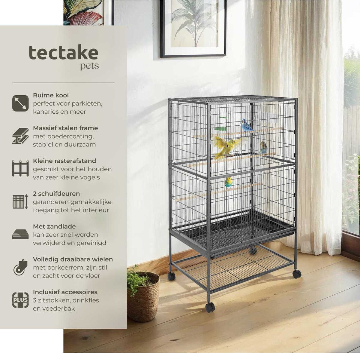 tectake® Vogelkooi - 78 x 52 x 131 cm - Vogelkooien voor Binnen - Met Standaard op Wielen - Voor Vogels, Parkiet, Kanarie - Volière met 3 Zitstokken, Zandlade en Waterbak thumbnail 2