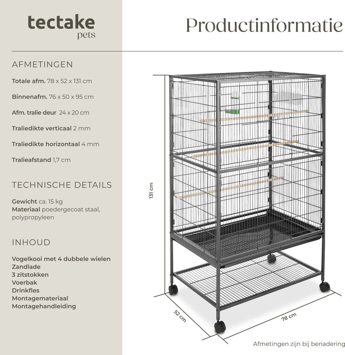 tectake® Vogelkooi - 78 x 52 x 131 cm - Vogelkooien voor Binnen - Met Standaard op Wielen - Voor Vogels, Parkiet, Kanarie - Volière met 3 Zitstokken, Zandlade en Waterbak thumbnail 7