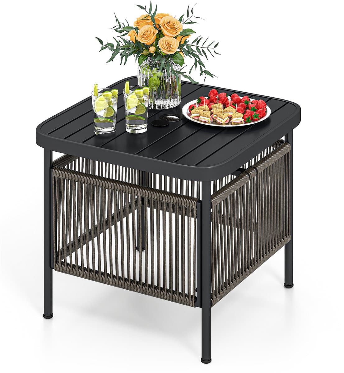 COSTWAY Bijzettafel voor buiten, weerbestendig, rotan tuintafel met paraplugat, kleine balkontafel, koffietafel voor tuin, balkon, terras, 56 x 56 x 49 cm