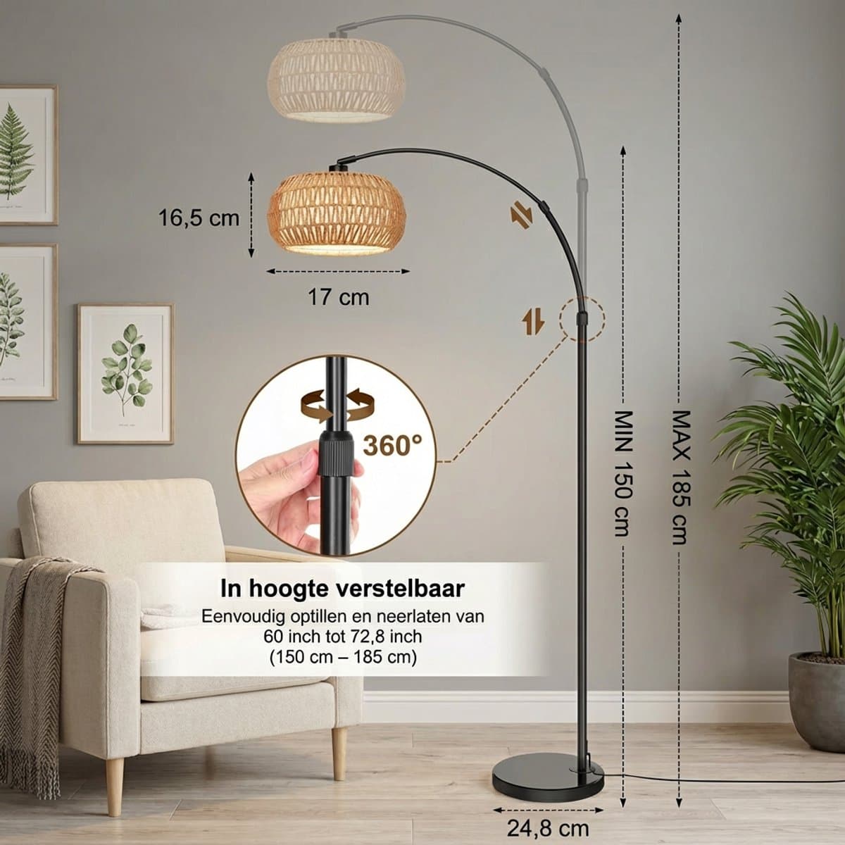 MUPOO Rotan Vloerlamp - Boho Leeslamp Woonkamer - E27 Staande lamp - met afstandsbediening - Stoffen Lampenkap - Dimbaar - 185cm - voor gebruik in slaapkamers thumbnail 5
