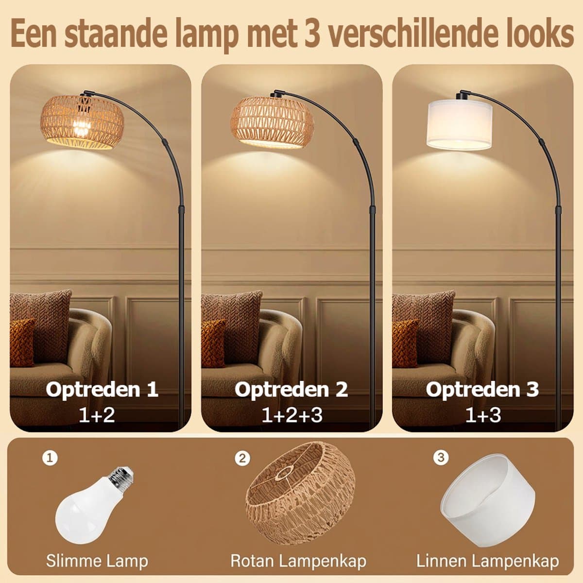MUPOO Rotan Vloerlamp - Boho Leeslamp Woonkamer - E27 Staande lamp - met afstandsbediening - Stoffen Lampenkap - Dimbaar - 185cm - voor gebruik in slaapkamers thumbnail 4