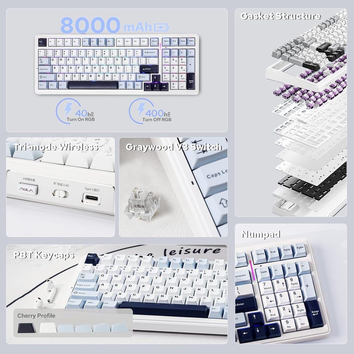 EPOMAKER x AULA F99 - Wit/Blauw - Mechanisch Draadloos Toetsenbord - RGB - 100% - QWERTY - Gaming Keyboard - Leobog Reaper Switch thumbnail 6