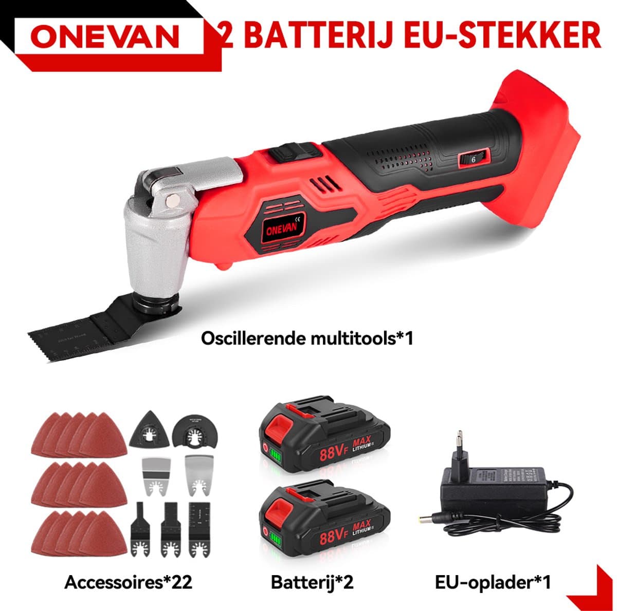 ONEVAN Accu Multitool - met 2x Accu's & 22x Accessoires - Oscillerend Gereedschapsset - 20.000 tpm - 6 variabele snelheden - voor verwijderen, schrapen en zagen thumbnail 3
