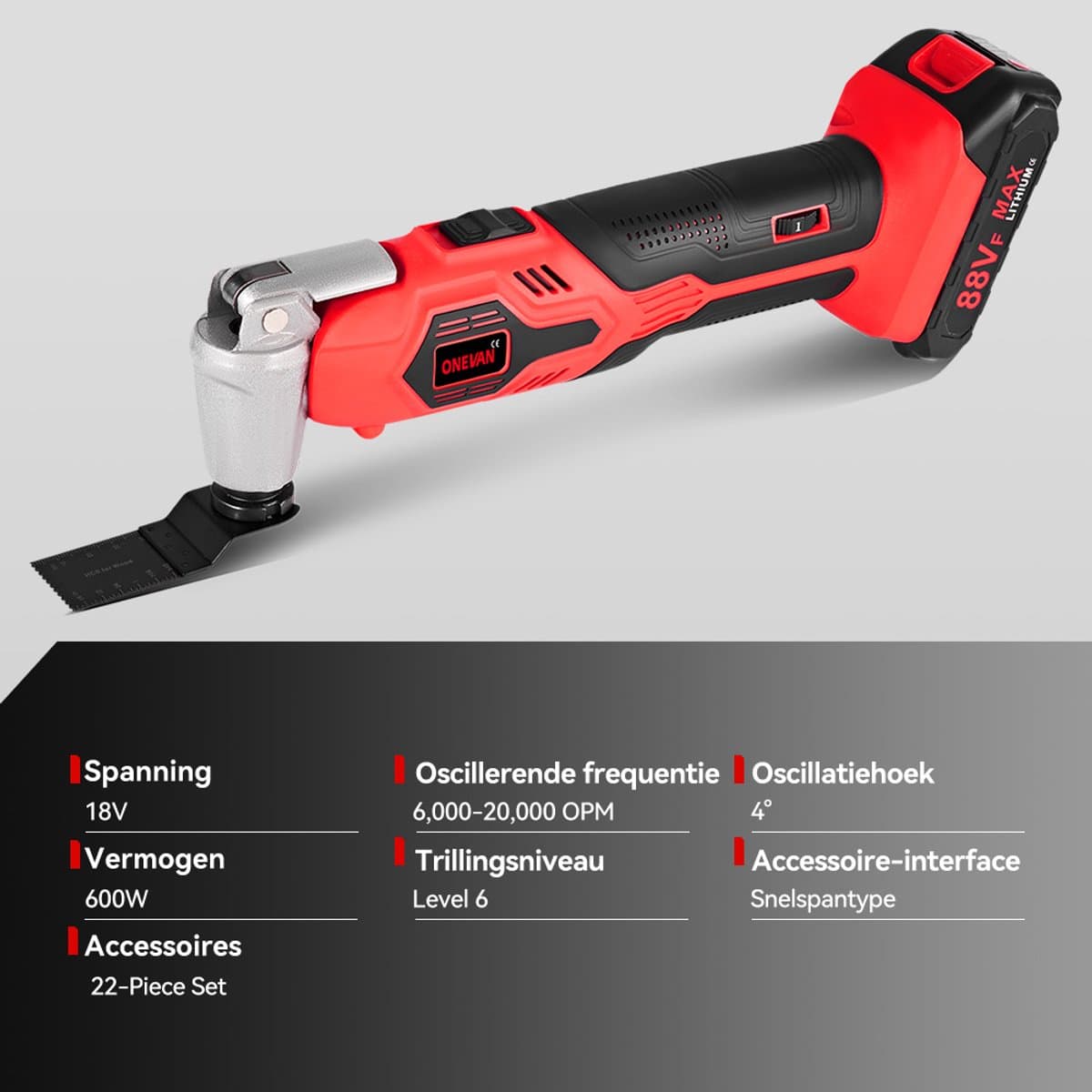ONEVAN Accu Multitool - met 2x Accu's & 22x Accessoires - Oscillerend Gereedschapsset - 20.000 tpm - 6 variabele snelheden - voor verwijderen, schrapen en zagen thumbnail 2