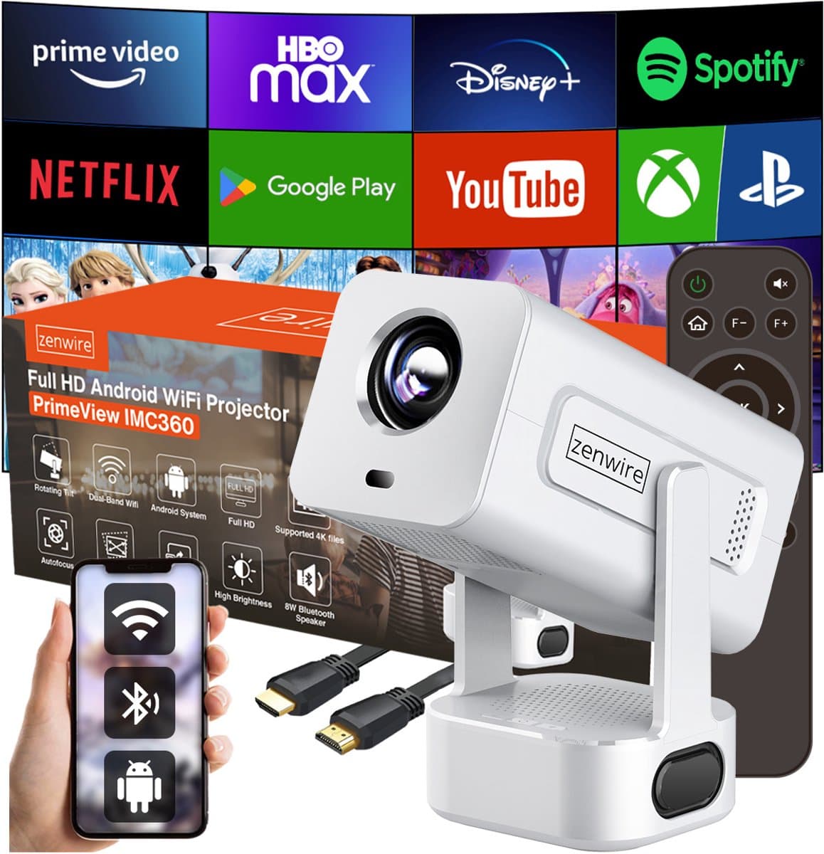Zenwire® PrimeView IMC360 – Mini Projector 360° Android 13 – Beamer WiFi 6 – Bluetooth 5.2 – Full HD 1080p – 4K-ondersteuning – 400 ANSI Lumen – 270° Rotatie – Autofocus – Compact & Stil thumbnail 5