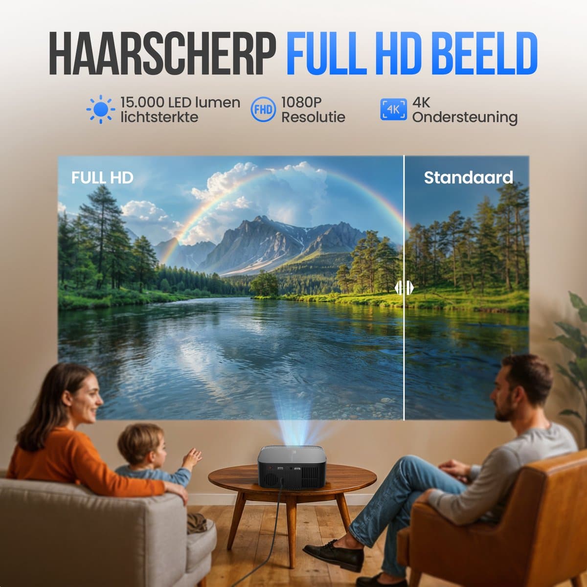 Strex Beamer - Smart 1080P Full HD Projector - 4K Ondersteuning - WiFi & Bluetooth - Ingebouwde Speakers - Draagbare Mini Beamer Thuisbioscoop - WhaleOS - Inclusief Opbergtas & Projectiescherm thumbnail 4