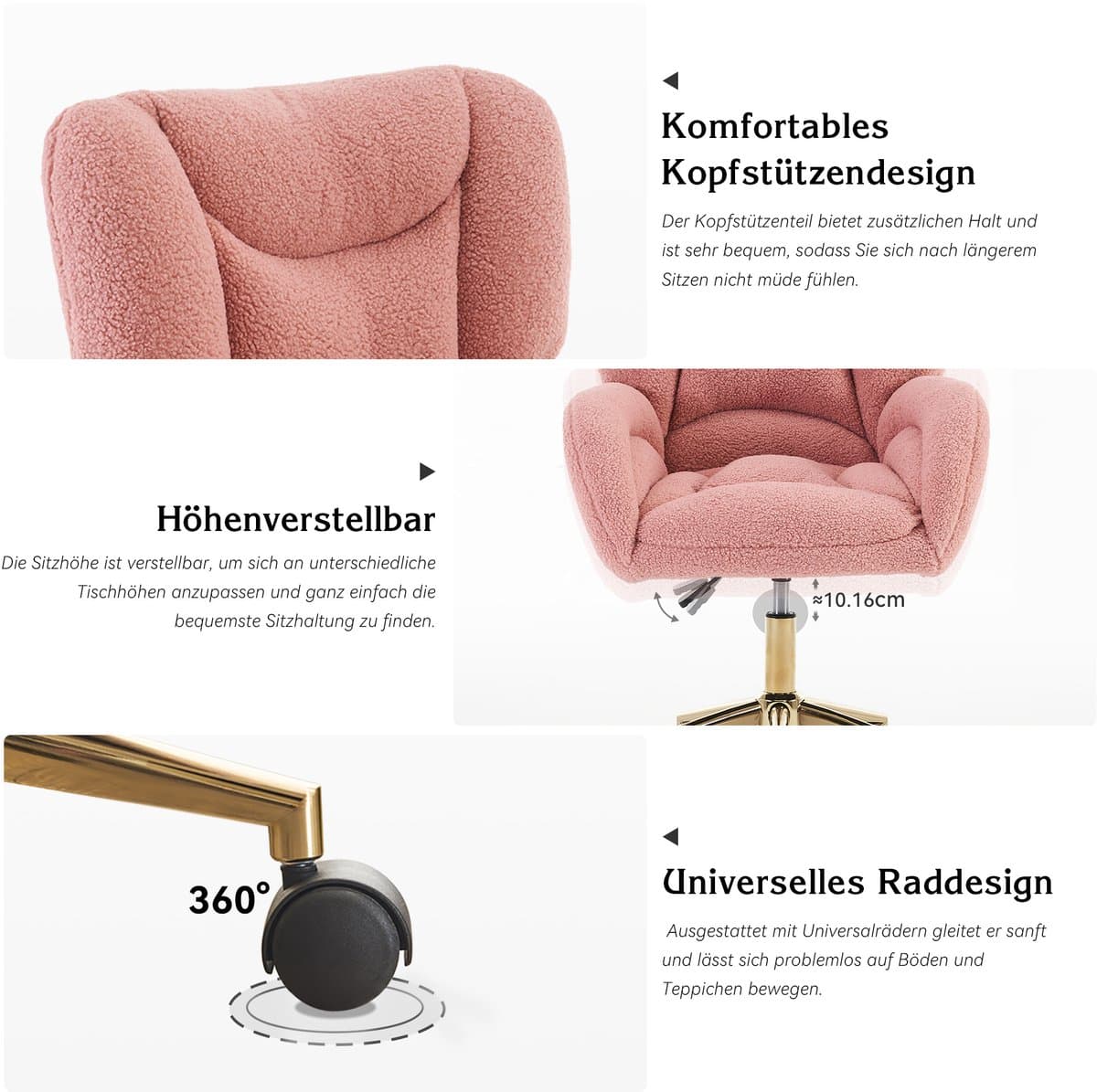 STILVORA Bureaustoel – Draaibare Kantoorstoel – Hoogteverstelbaar Met Gouden Poten – Ergonomische Comfortabele Zitting Voor Home-Office En Thuiswerk – Teddy Stof – Roze thumbnail 5