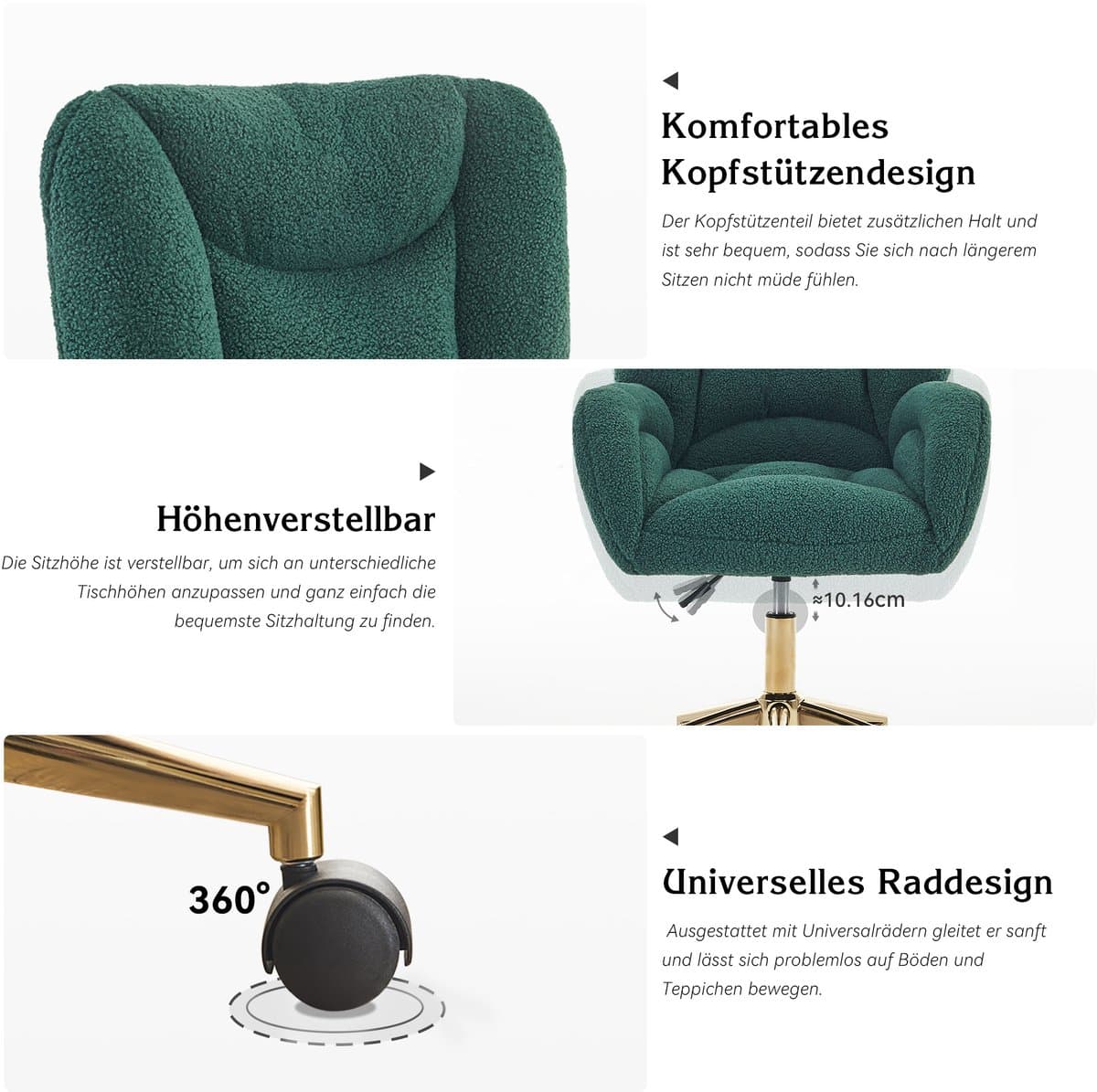 STILVORA Bureaustoel – Draaibare Kantoorstoel – Hoogteverstelbaar Met Gouden Poten – Ergonomische Comfortabele Zitting Voor Home-Office En Thuiswerk – Teddy Stof – Groen thumbnail 4