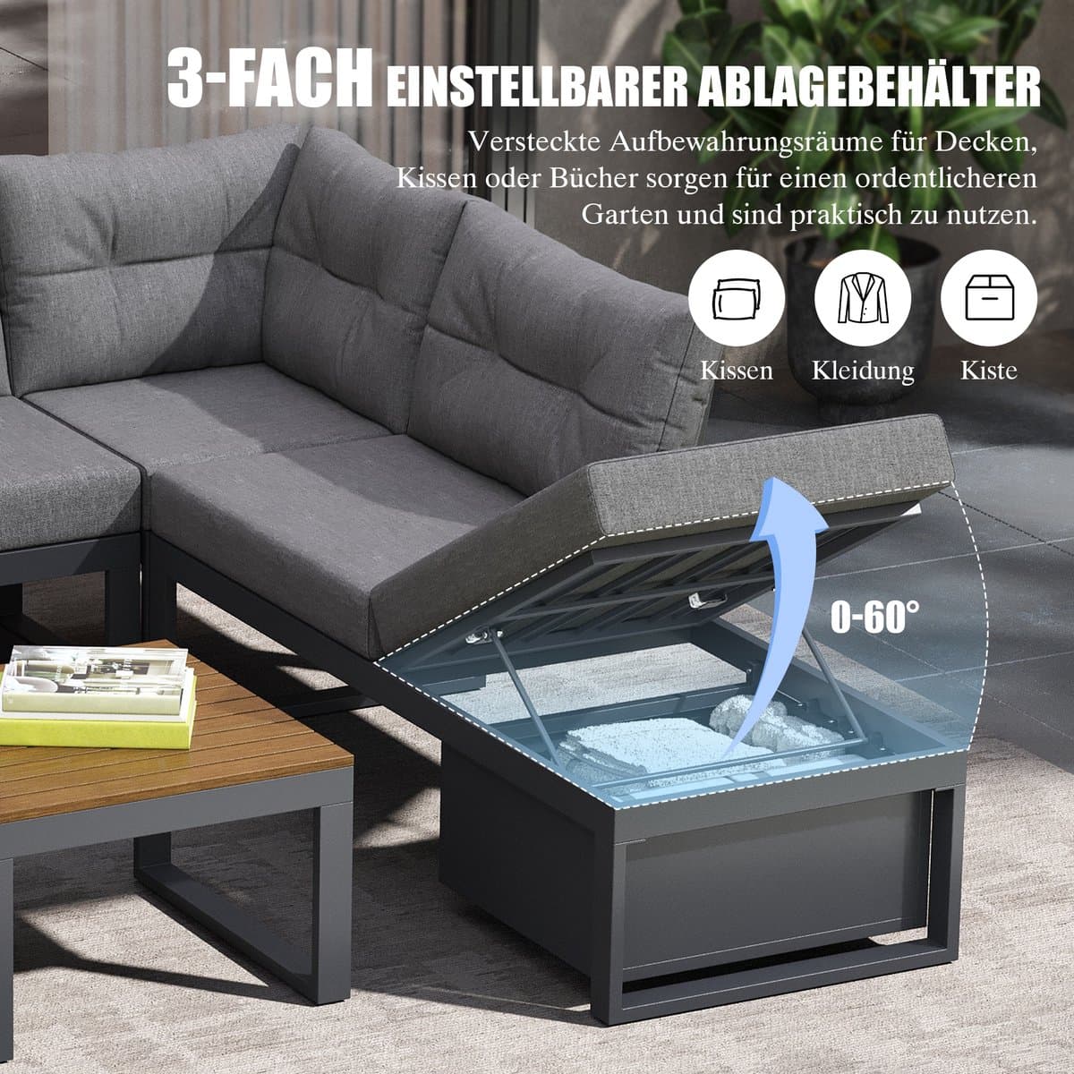 Sweiko Tuin loungeset - Hoekbank + salontafel - Verstelbare rugleuning - Met kussens - Opbergruimte - Grijs thumbnail 4