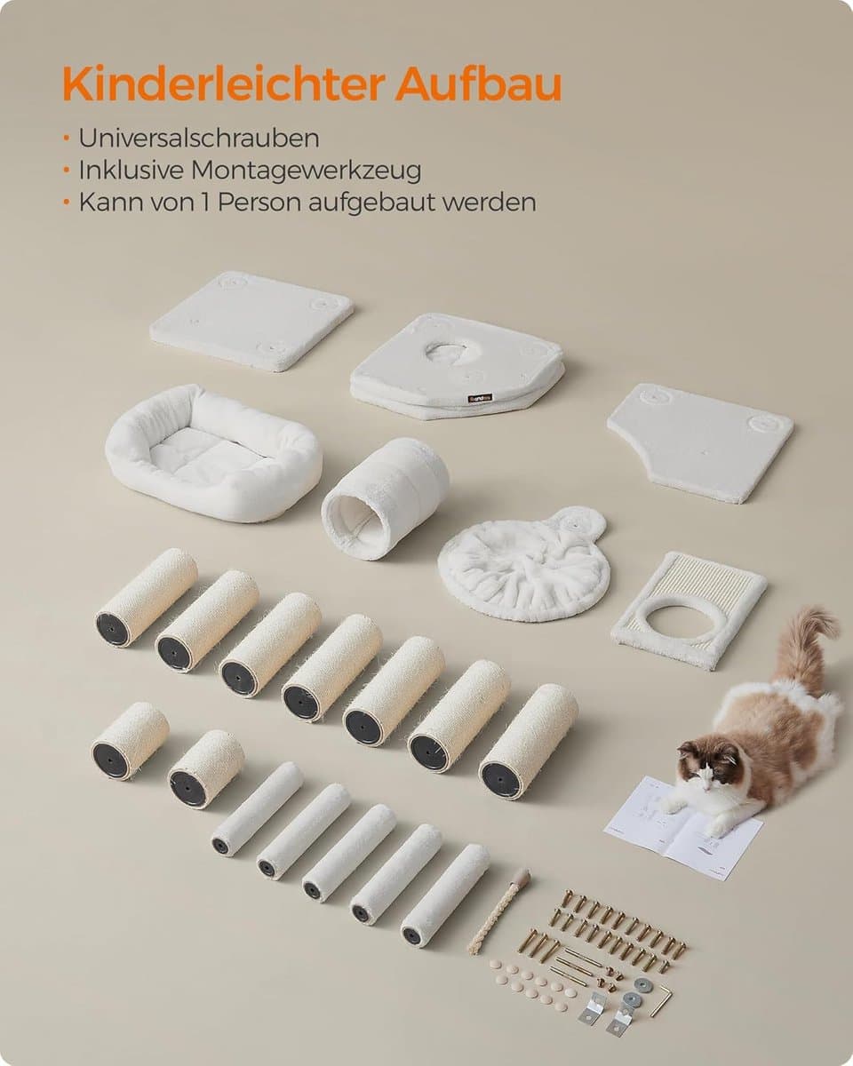Feandrea PCT002T01 Krabpaal, groot, M, kattenboom, holletje, hangmat, pluchen platform, tunnel, sisalstammen, krabplank, 50 x 50 x 141 cm, crèmewit thumbnail 4