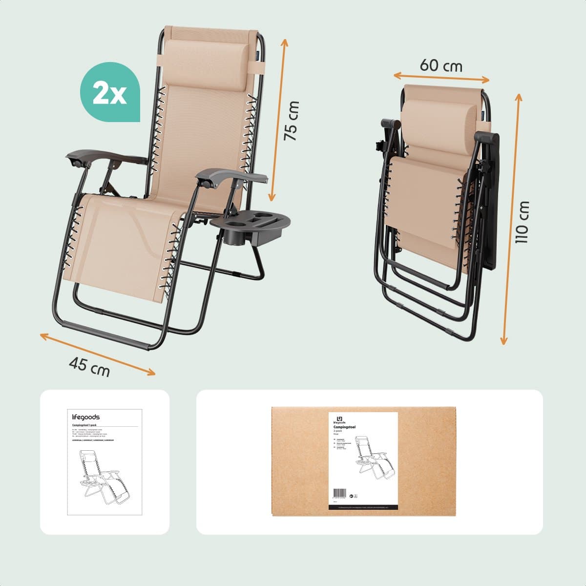 LifeGoods Opvouwbare Tuinstoelen - 2 Stuks - Ligstoel Tuin - 30°-90° Verstelbaar - Metaal - Beige thumbnail 8