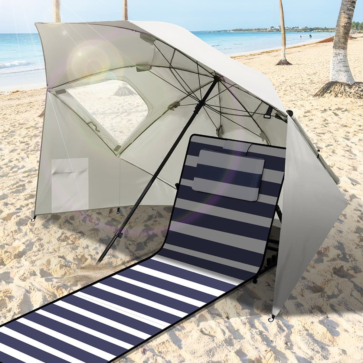 Lichtgewicht 2-in-1 strandparasol met UV50+ zonbescherming, stevig 210D Oxford doek met zilverlaag, compact opvouwbaar en makkelijk mee te nemen met draagtas, ideaal voor strand, camping en reizen