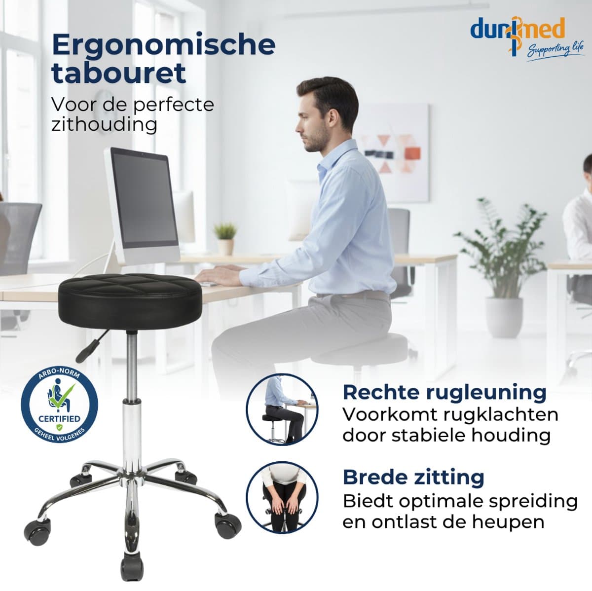 Dunimed Luxe Tabouret - Werkkruk met Wielen - Ergonomische Kruk - Kapperskruk - In Hoogte Verstelbaar - Zwart thumbnail 7