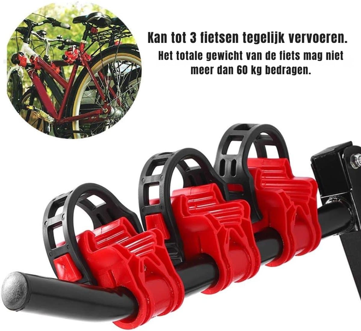 SAVI® Fietsendrager Elektrische Fiets - Fietsendrager - Fietsendrager met Spanband - 3 Fietsen - Geen Trekhaak - Zwart/Rood - 72cm x 23cm x 12cm thumbnail 8