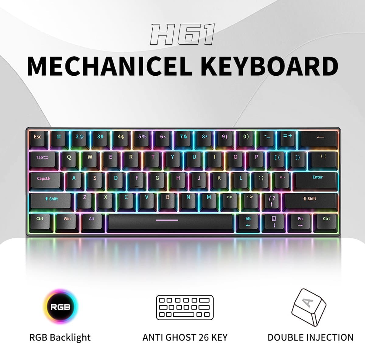 Furycube H61K - Mechanisch Gaming Toetsenbord - 61 Toetsen - Bedraad - RGB Verlichting - Soldeerbare Switches - Zwart thumbnail 8