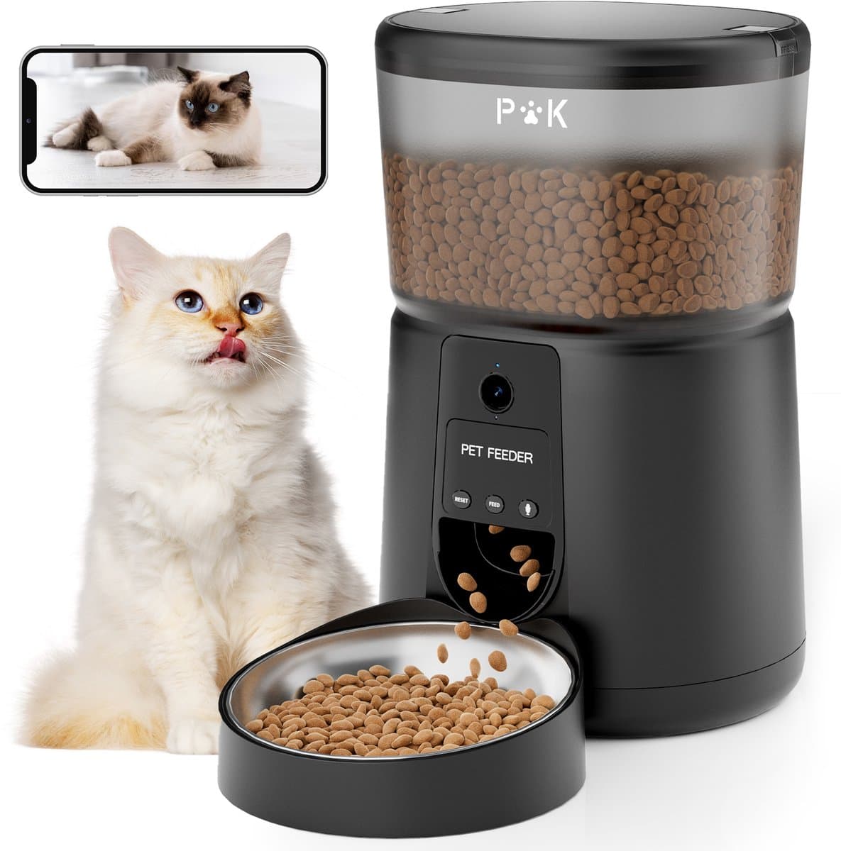 Balimo Automatische Voerbak - Voice Recorder - Camera - Voerautomaat hond - Full HD 1080P Night Vision - Voerautomaat dispenser kat - Smart Met Camera En App - 4 L - Voerbak Kat & Hond - Zwart
