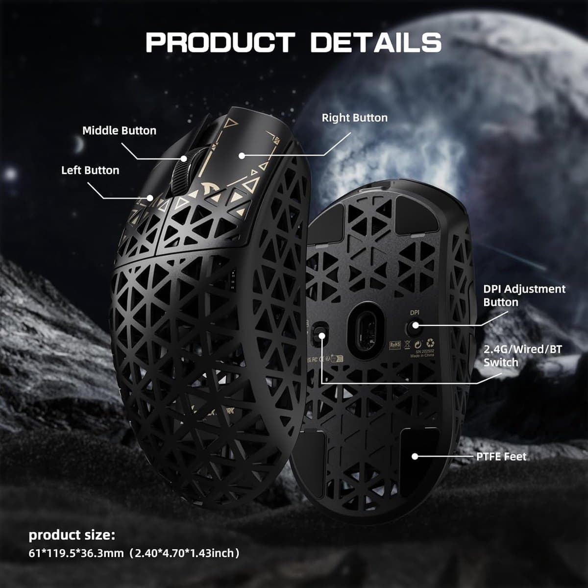 ATTACK SHARK R5 Ultra - Gamingmuis - Koolstofvezel Behuizing - 39g Ultralicht - HyperSpeed Draadloos - 2.4G / Bluetooth / USB-C Bedraad - PAW3950MAX Sensor - 8000Hz Pollingsnelheid - 42.000 DPI - Windows & Mac - Zwart thumbnail 6