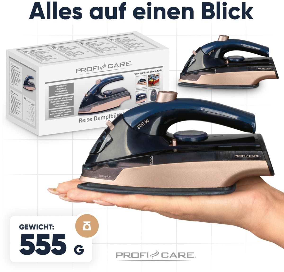 ProfiCare DB 3125 - Reisstrijkijzer - Compacte strijkijzer - Stoomfunctie - Blauw, Rose gold -800W thumbnail 5