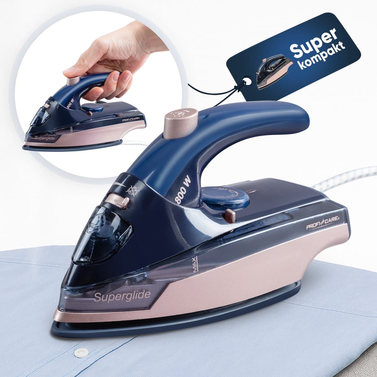 ProfiCare DB 3125 - Reisstrijkijzer - Compacte strijkijzer - Stoomfunctie - Blauw, Rose gold -800W thumbnail 6