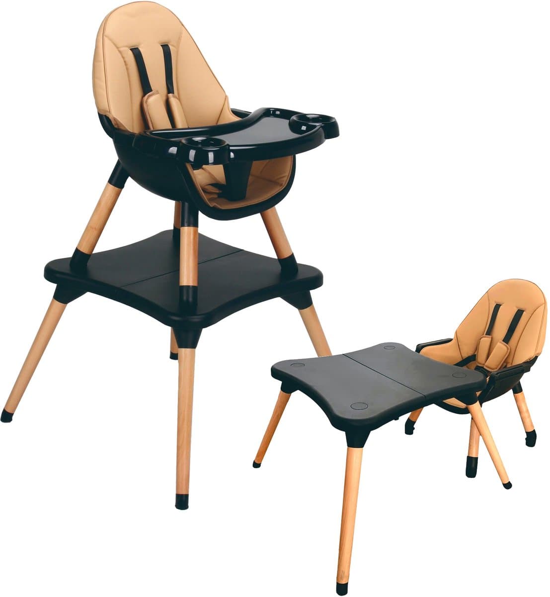 ComfyKidz Multifunctionele Kinderstoel met Speeltafel - Eetstoel Baby - Houten Peuterstoel - Bruin/Zwart