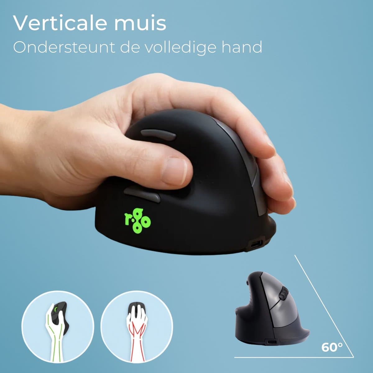 R-Go HE - Ergonomische Verticale Muis - Bluetooth - Break Software - Linkshandig - Draadloos - Zwart thumbnail 4