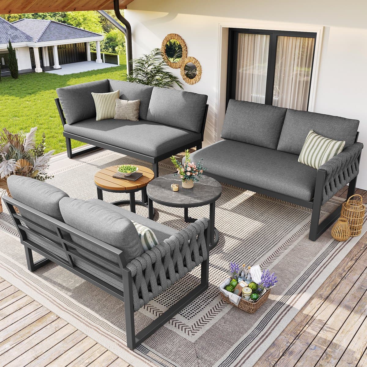 OKWISH Modulaire Tuinlounge Set Voor 5 Tot 6 Personen - Verstelbare Tafelpoten - Balkon Tuin Terras - Olefin - Grijs thumbnail 4