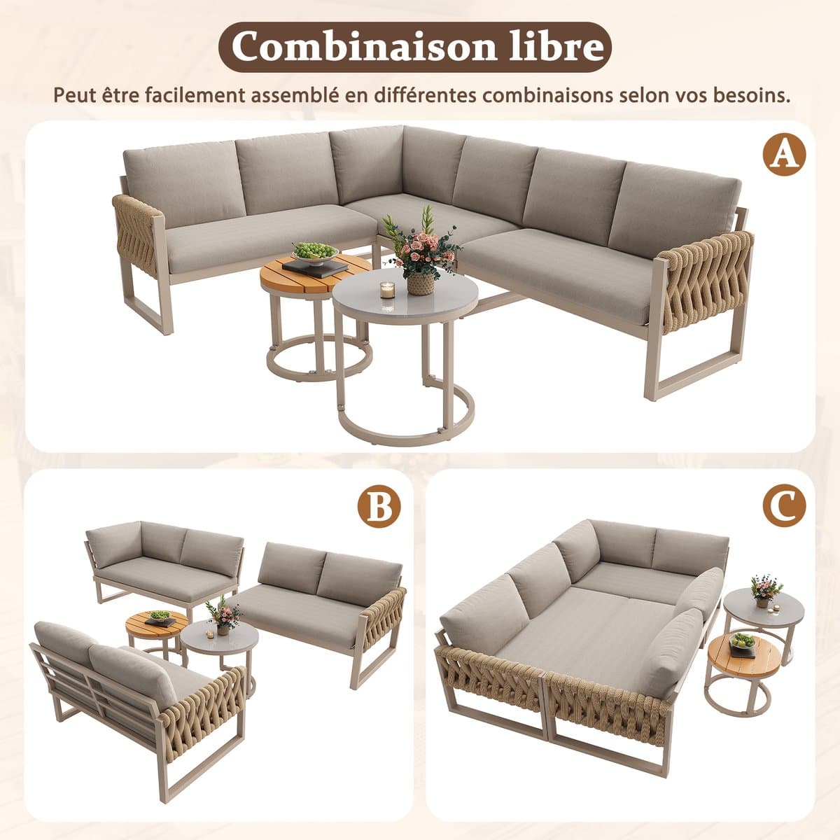 OKWISH Tuinloungeset 5 Tot 6 Personen - Modulair Met Verstelbare Tafelpoten - Balkon Tuin Terras - Metaal Olefin - Beige thumbnail 8