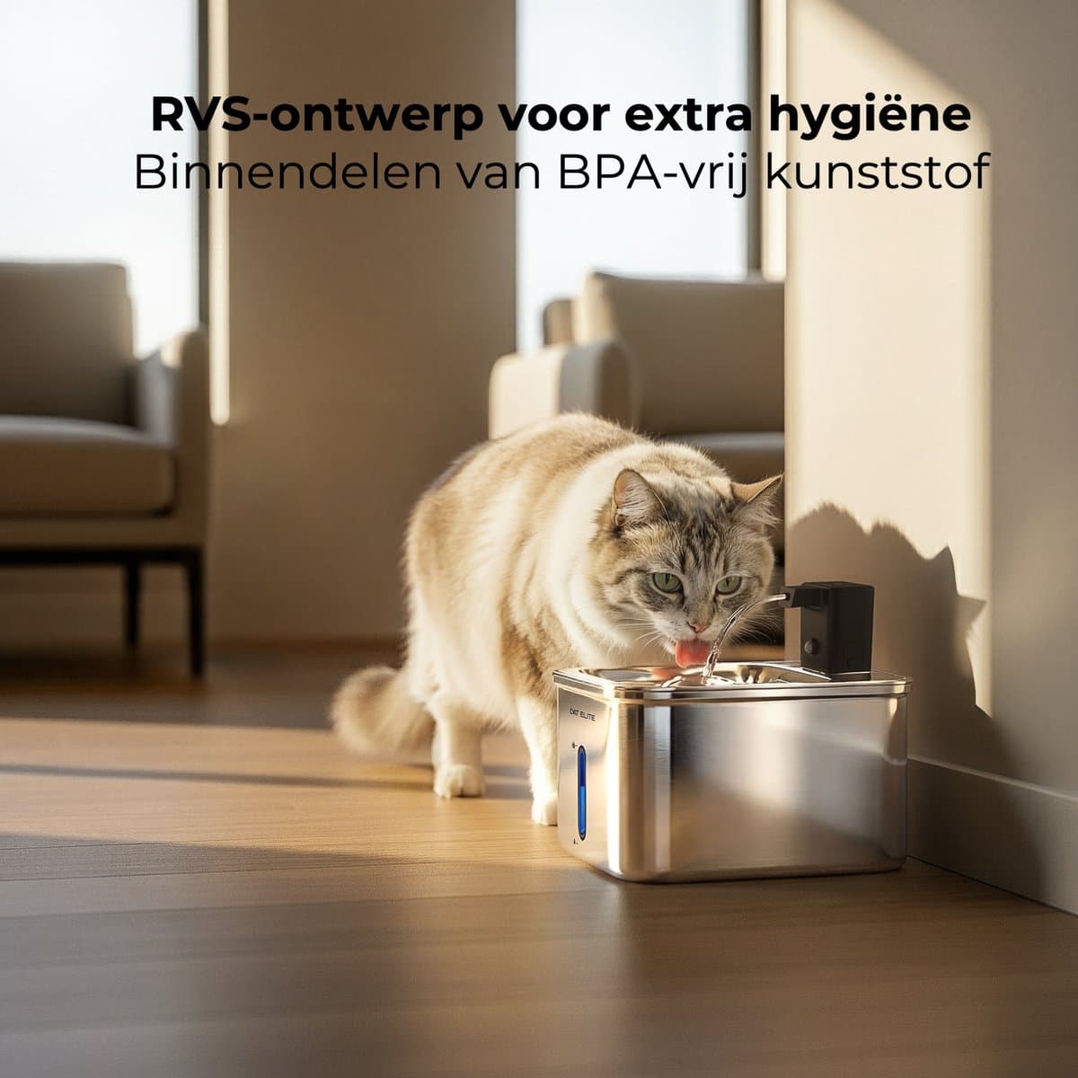 CatElite® - Draadloze Drinkfontein Kat RVS | Fresh - Waterdispenser met Sensor & Accu - Incl. 3 Filters - 2.5L Waterfontein Kat - Kattenfontein - Fluisterstil - Volledig RVS thumbnail 4