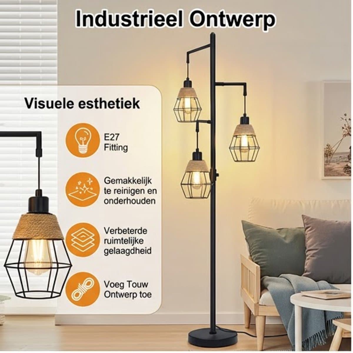MUPOO Industrieel Vloerlamp Zwart met 3-Lichts - Staande Lamp met 3 Metalen Kappen & Henneptouw - Hoeklamp Woonkamer & Slaapkamer thumbnail 6
