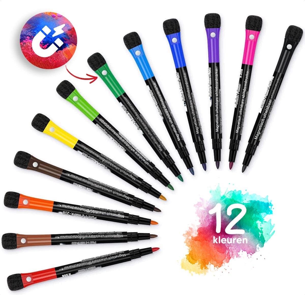 Whiteboard Markers - Dry Erase Pens - Magnetisch Met Afveegknop - 12 Stuks - Kantoor School Thuis Wit thumbnail 8