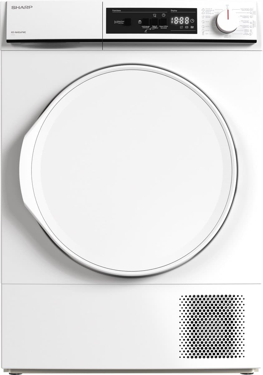 Sharp KDNA8S6PWEBE - warmtepomp droger - energie label E - 15 programma's - LED trommelverlichting - links en rechts draaiend - wit