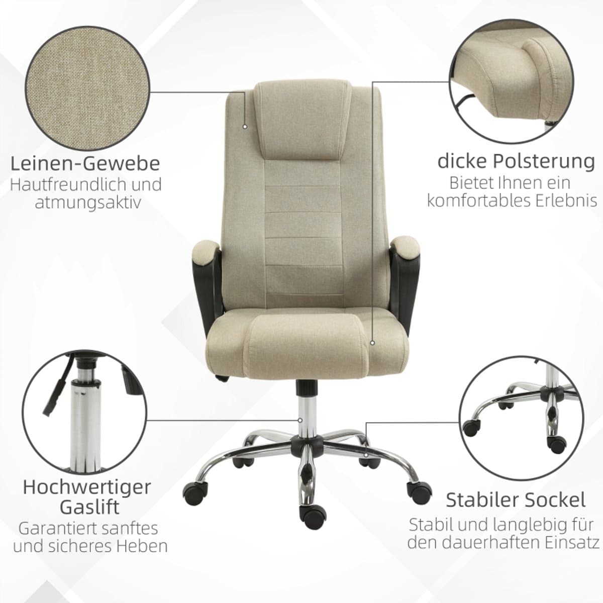 HAUSS SPOLE Bureaustoel 62 X 76 X 110 119 Cm - In Hoogte Verstelbaar Met Wipfunctie - 360 Graden Wielen - Voor Thuiswerk En Kantoor - Polyester Beige thumbnail 4