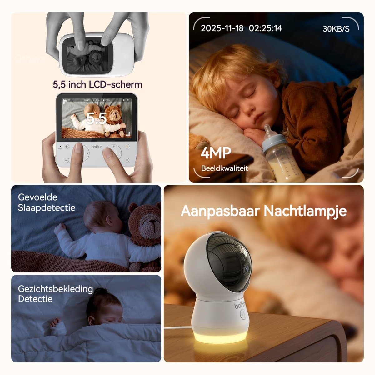 BOIFUN Babyfoon met camera - Baby Monitor met 2 Camera's - Babyfoon met Camera en App - AI-detectie (Slapen op de Buik en Gezichtsgebied) - Nachtlampje - 5.5 Inch Scherm - Video & Audio thumbnail 5