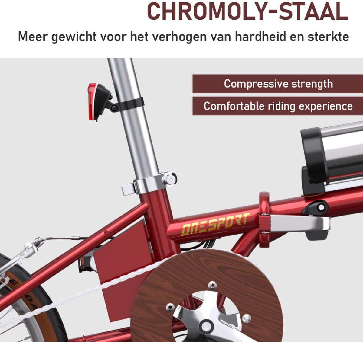 ONESPORT Elektrische Fiets – Lichtgewicht Opvouwbare E-Bike voor Stad & Pendelen – 36V 5.2Ah Accu, 40 km Bereik, 16×1.35 Inch Banden, Snel Opladen 2,5u – Rood thumbnail 6